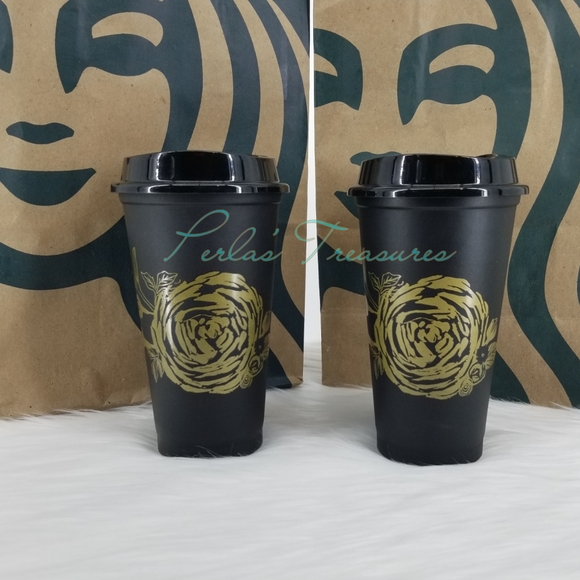 Starbucks Limited Edition Elegant Black with Gold Rose Reusable Hot Cup Grande